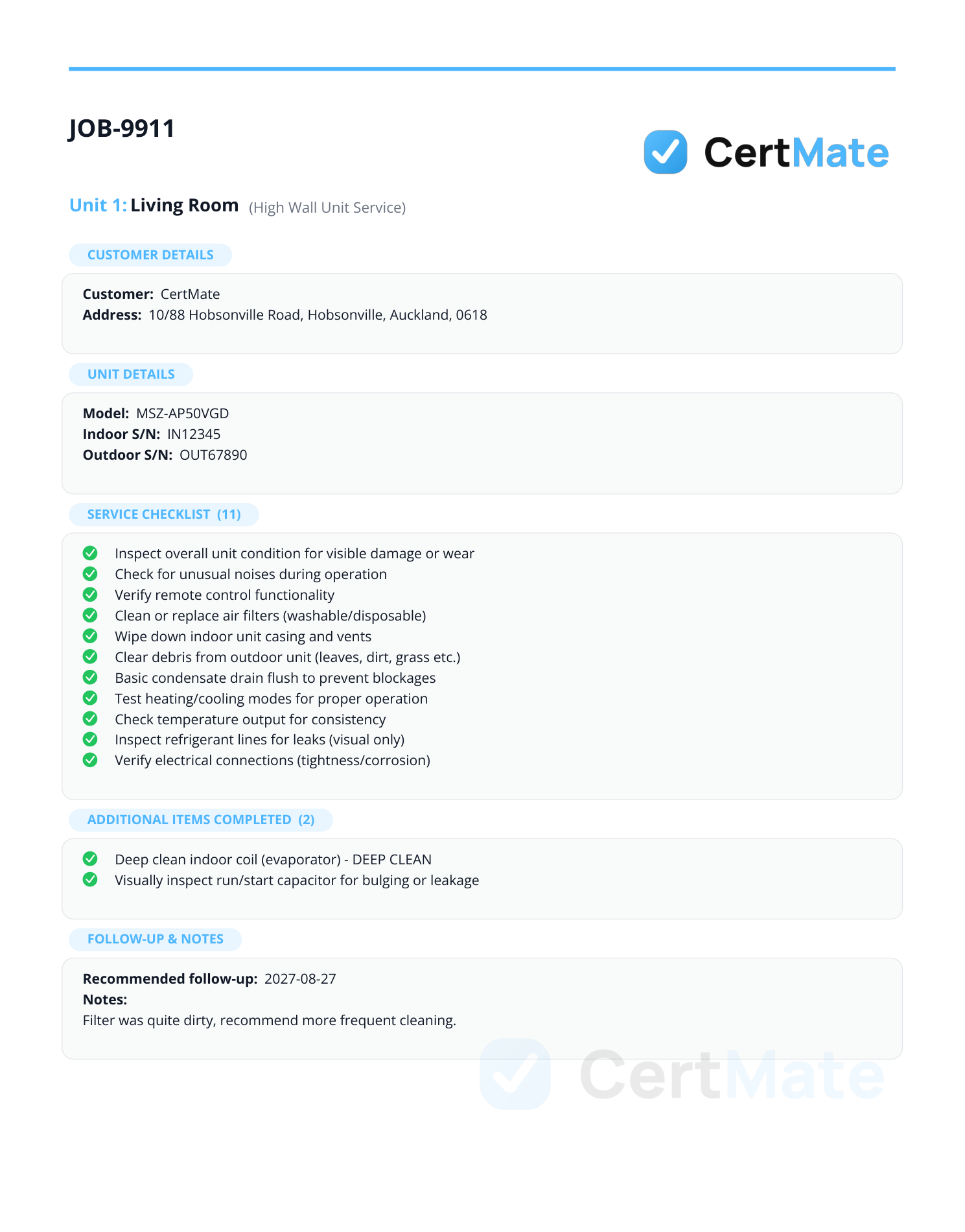 CertMate Service Checklist for a high wall unit service visit
